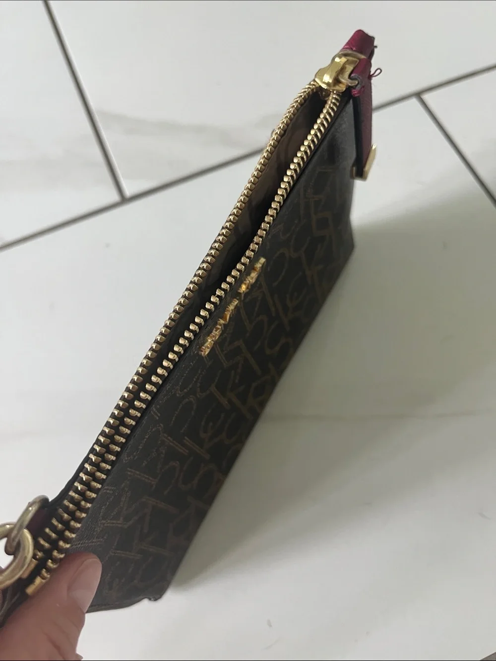 Calvin Klein Brown Logo Wristlet Clutch with Burgundy Strap